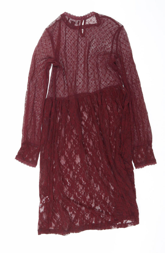 New Look Womens Purple Floral Nylon A-Line Size 8 Round Neck Button - Lace