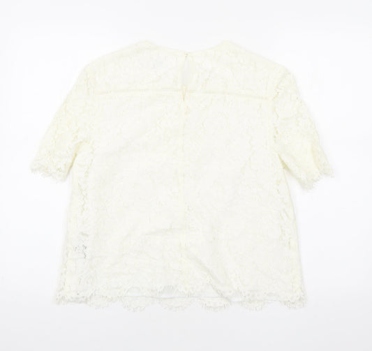 John Lewis Womens Ivory Geometric Cotton Basic T-Shirt Size 12 Round Neck