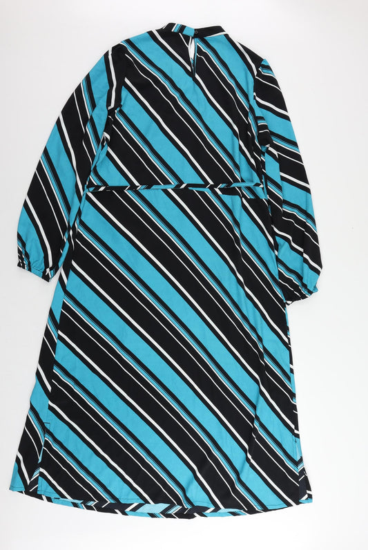 Marks and Spencer Womens Blue Striped Polyester A-Line Size 12 Mock Neck Button