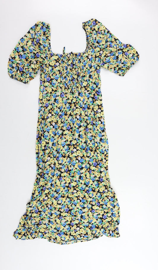 Marks and Spencer Womens Multicoloured Floral Viscose A-Line Size 8 V-Neck Zip - Shirred Back