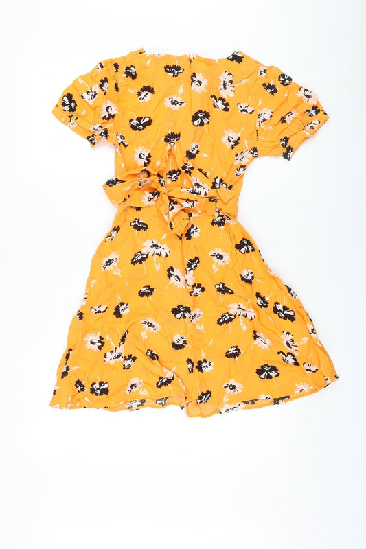 Miss Selfridge Womens Orange Floral Viscose A-Line Size 8 Round Neck Zip