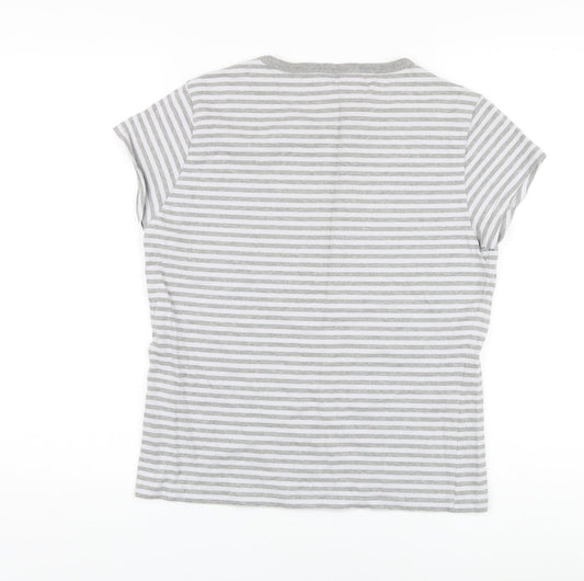 French Connection Womens Grey Striped Cotton Basic T-Shirt Size L Round Neck