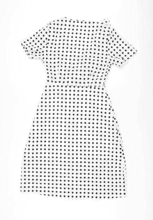 Missguided Womens White Polka Dot Polyester A-Line Size 8 V-Neck Zip