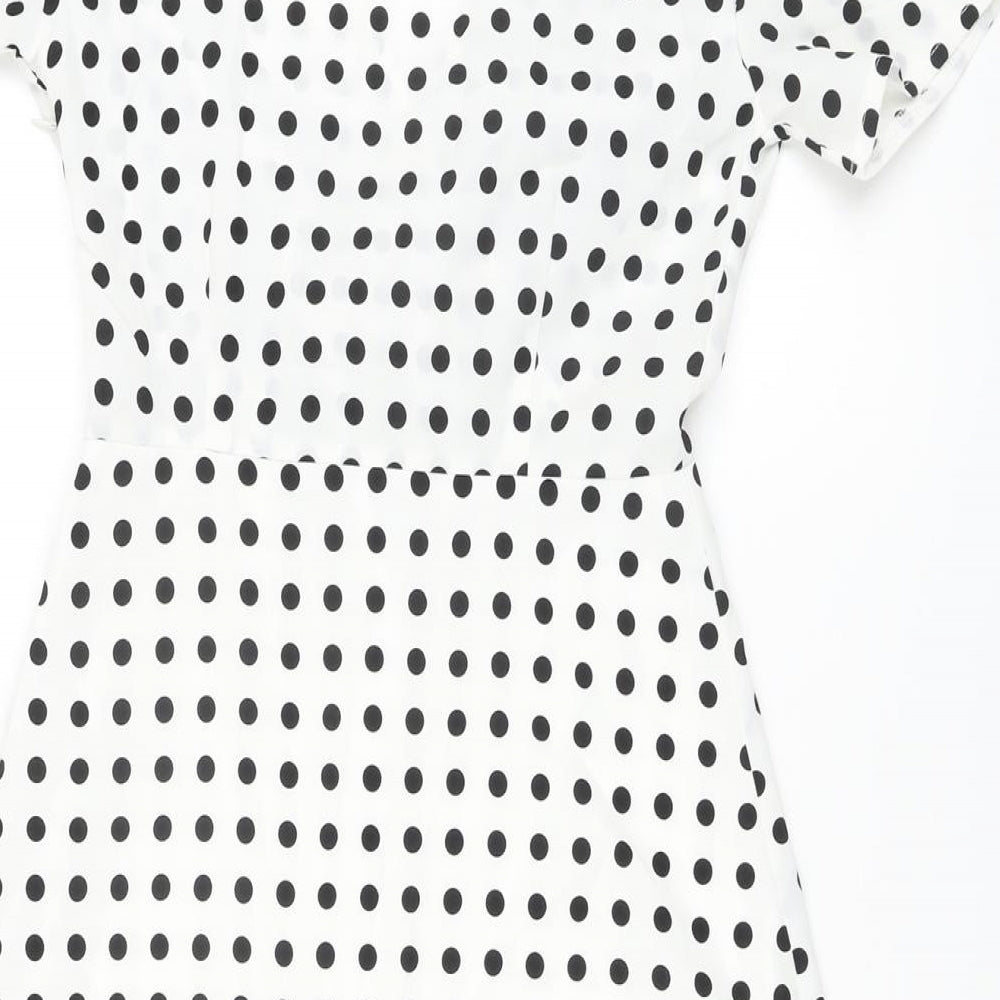 Missguided Womens White Polka Dot Polyester A-Line Size 8 V-Neck Zip
