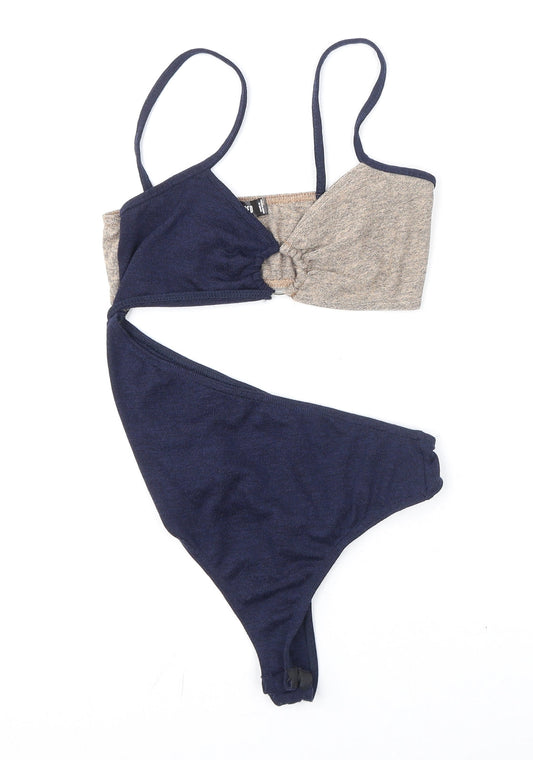Additional front view of Missguided women’s blue polyester bodysuit one-piece, size UK 8, snap - side cut out