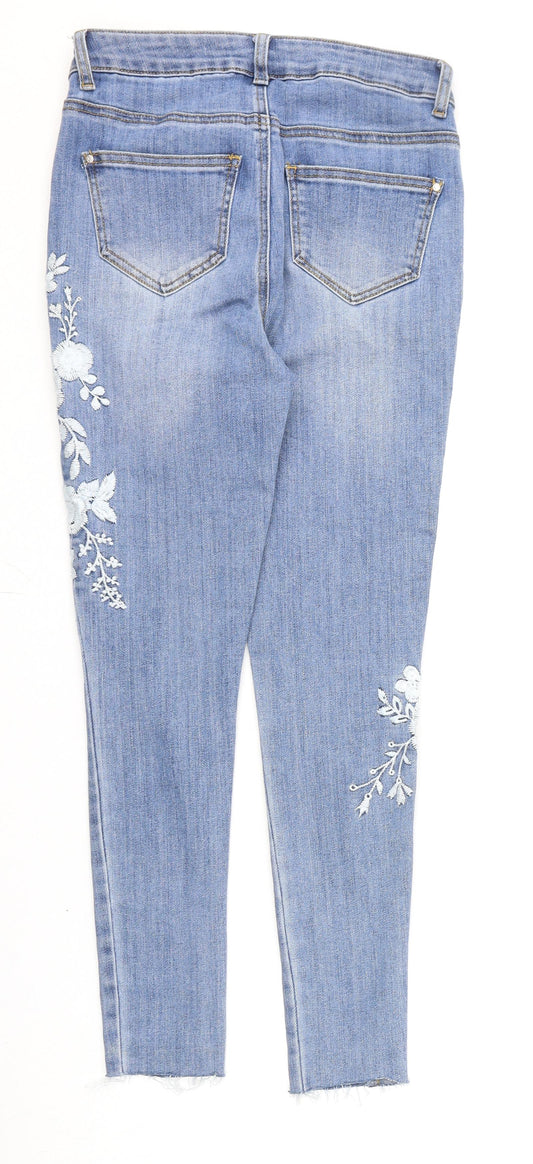 Denim & Co. Womens Blue Cotton Skinny Jeans Size 10 L25 in Regular Zip - Floral Embroidery