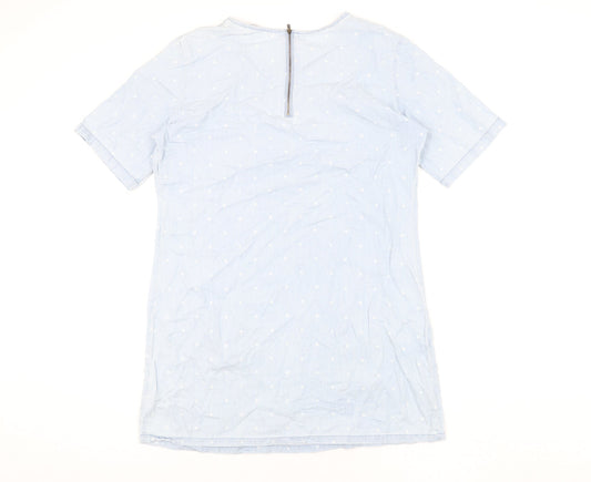 Dorothy Perkins Womens Blue Polka Dot Cotton Shift Size 14 Round Neck Zip