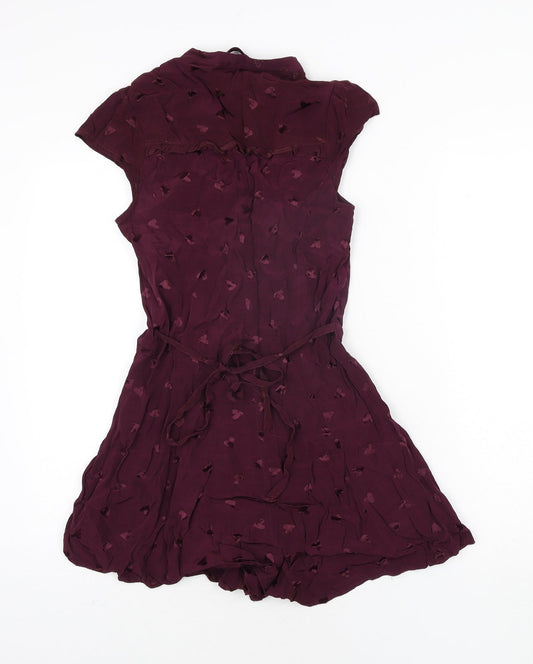 River Island Womens Purple Geometric Viscose Playsuit One-Piece Size 8 Button - Heart Pattern Keyhole Neck Bow Belted