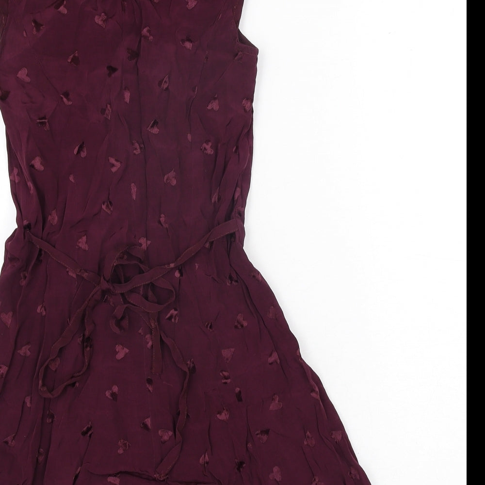 River Island Womens Purple Geometric Viscose Playsuit One-Piece Size 8 Button - Heart Pattern Keyhole Neck Bow Belted