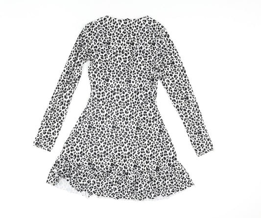 Divided by H&M Womens White Animal Print Polyester Wrap Dress Size XS V-Neck Tie - Leopard Print