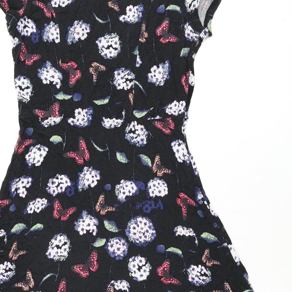 Oasis Womens Black Geometric Viscose A-Line Size M Round Neck Pullover - Flower Butterfly Print