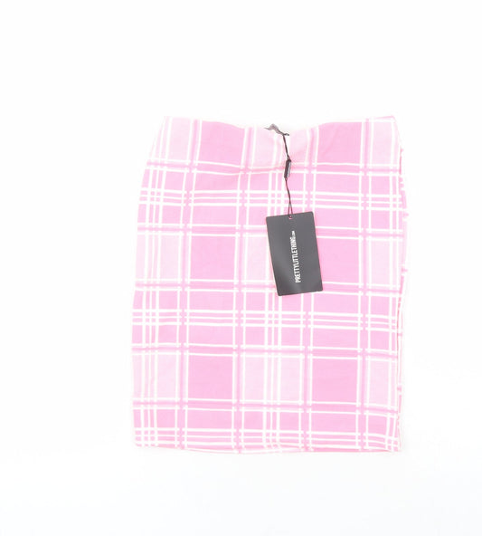 PRETTYLITTLETHING Womens Pink Plaid Polyester Bandage Skirt Size 6 - Elasticated Waist