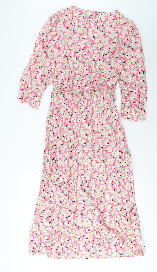 Marks and Spencer Womens Pink Floral Cotton A-Line Size 8 Crew Neck Button - Pleated, Belted