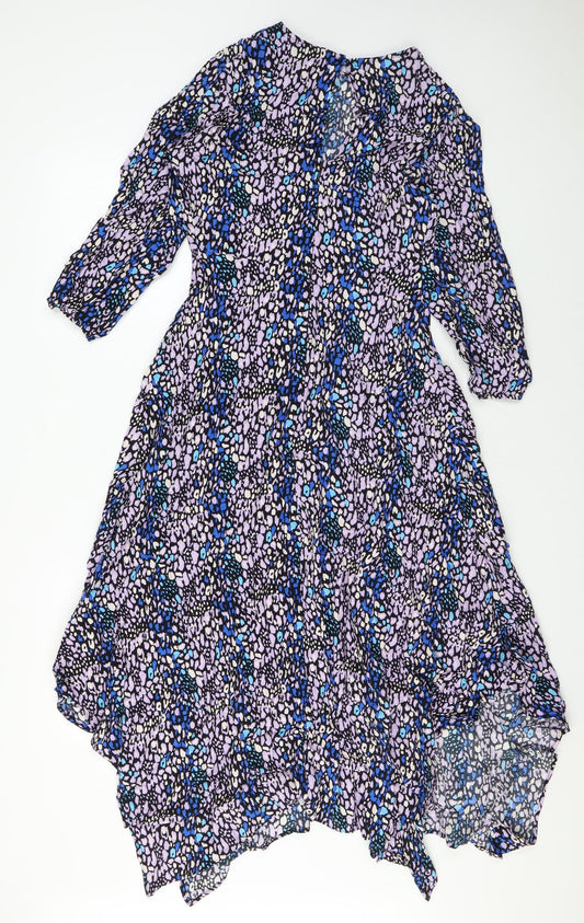 Marks and Spencer Womens Purple Geometric Viscose Maxi Size 10 Round Neck Zip