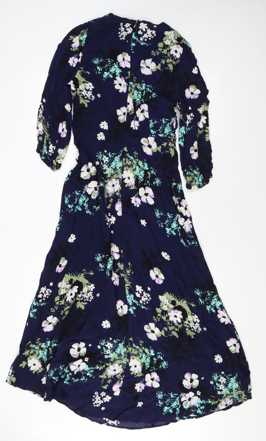 Marks and Spencer Womens Blue Floral Viscose Maxi Size 8 Round Neck Zip