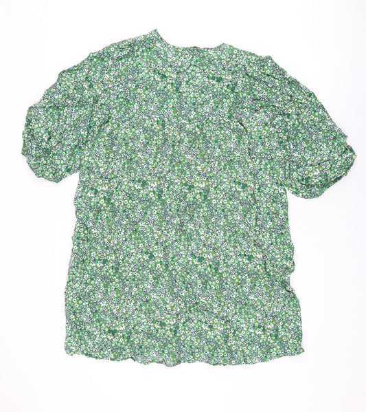 Marks and Spencer Womens Green Floral Viscose Shift Size 14 V-Neck Pullover