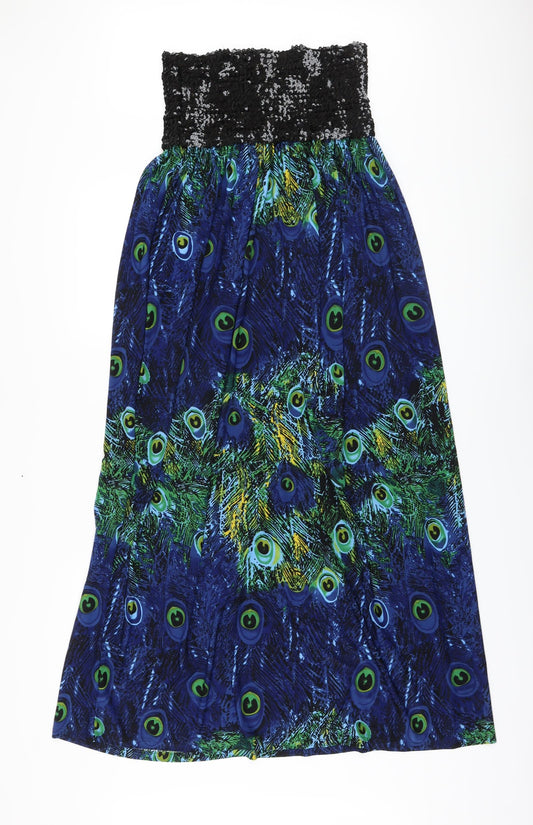 Mela London Womens Blue Geometric Polyester A-Line Size L Off the Shoulder Pullover