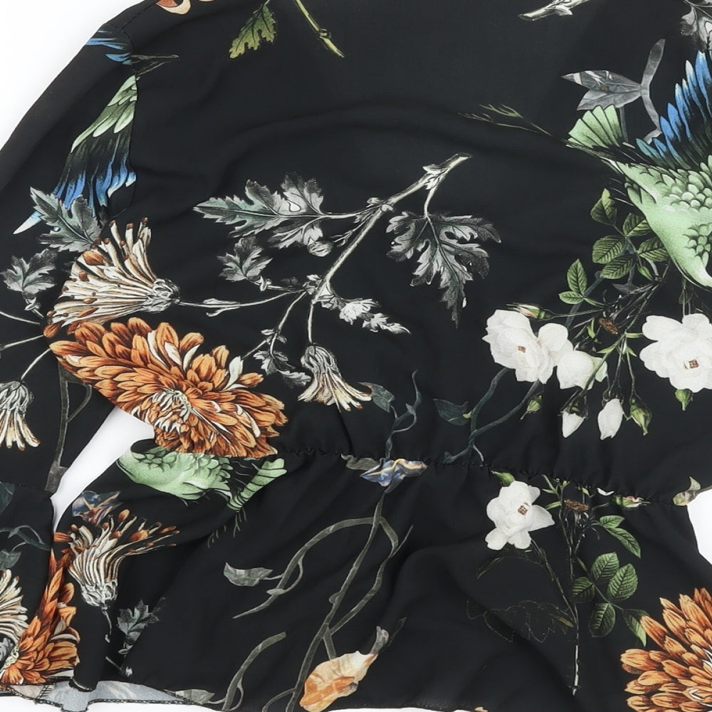 Boohoo Womens Black Floral Polyester Wrap Blouse Size 10 V-Neck