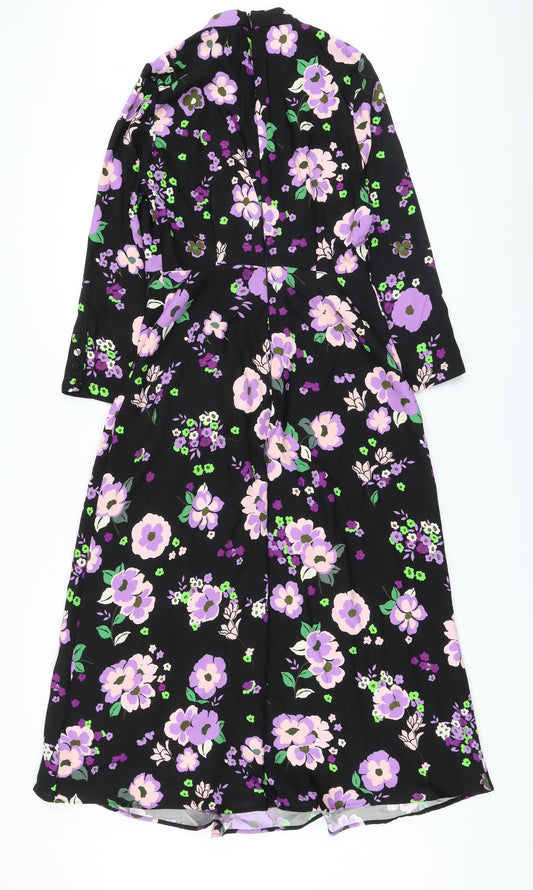 Marks and Spencer Womens Black Floral Polyester A-Line Size 8 Mock Neck Zip