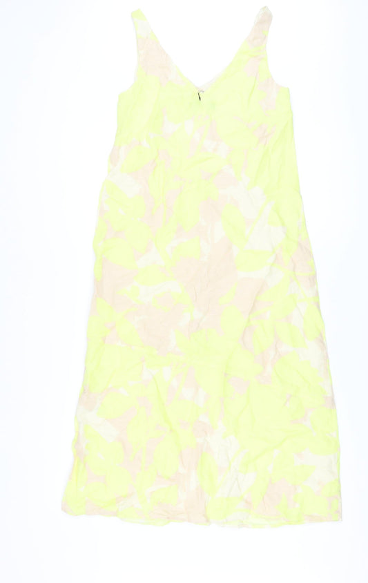 Marks and Spencer Womens Yellow Geometric Linen A-Line Size 6 V-Neck Pullover