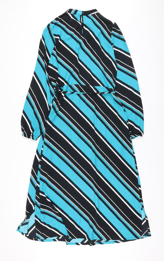 Marks and Spencer Womens Blue Striped Polyester A-Line Size 8 Mock Neck Button