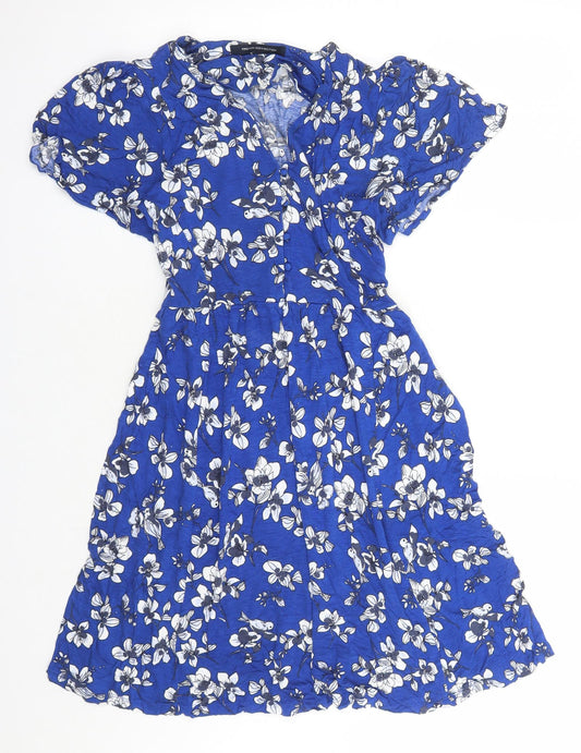 Additional front view of French Connection women’s blue floral polyester a-line, size UK 10, v-neck pullover