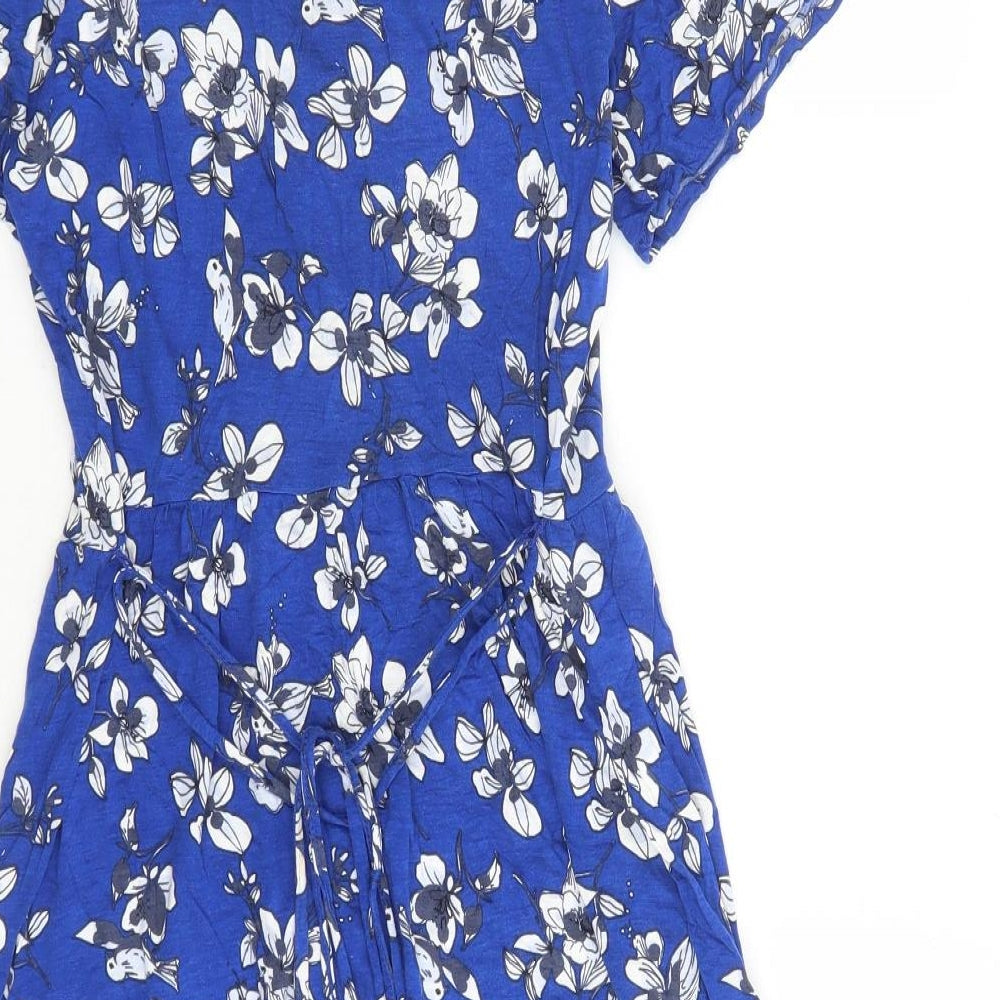 French Connection Womens Blue Floral Polyester A-Line Size 10 V-Neck Pullover