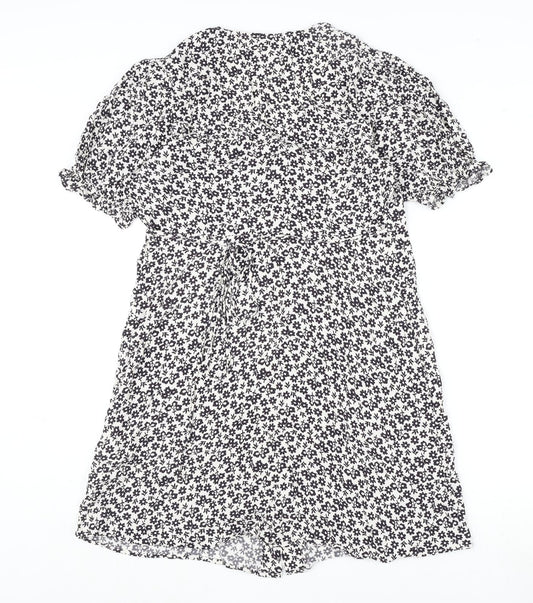 Marks and Spencer Womens White Geometric Viscose A-Line Size 12 V-Neck Button - Flowers