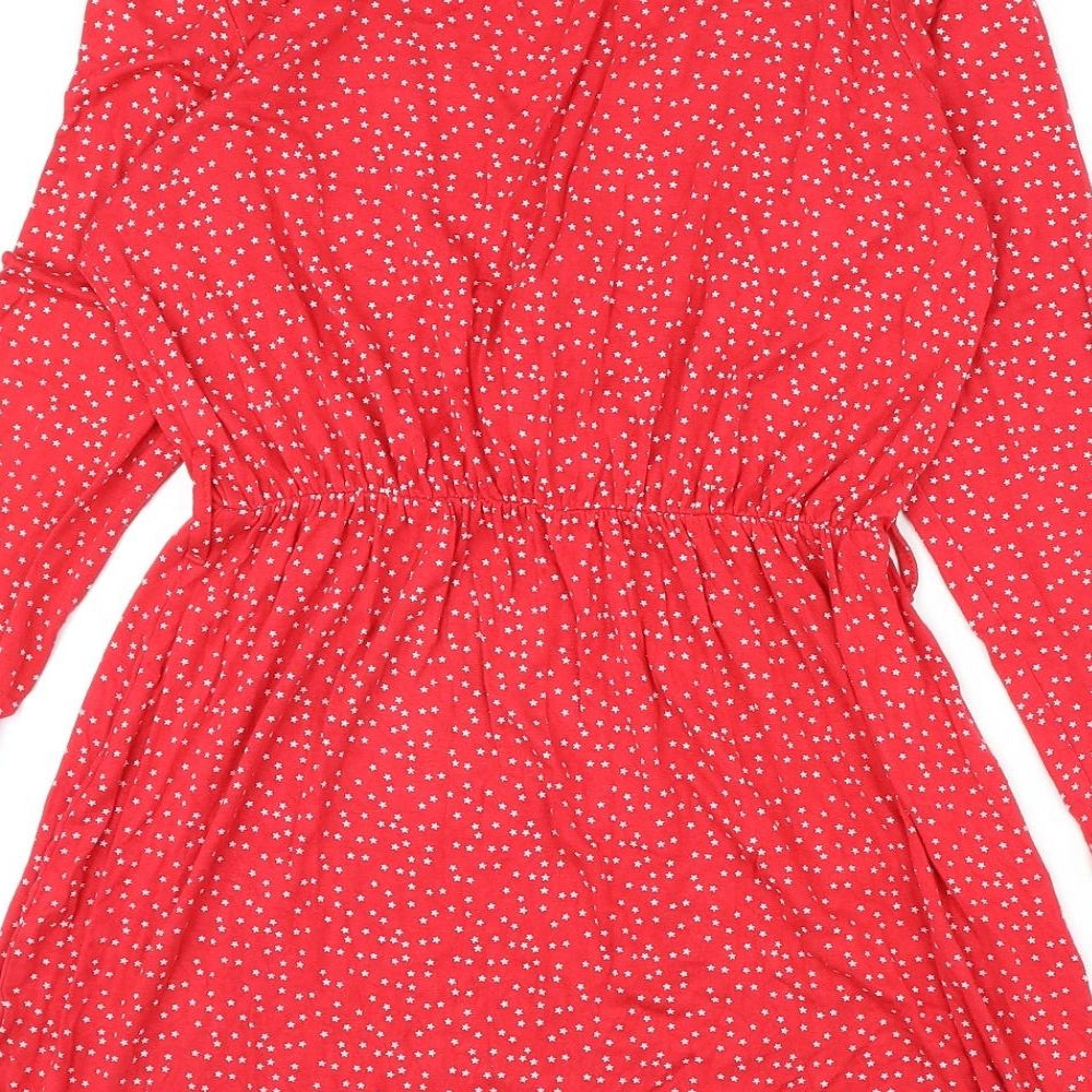 Boohoo Womens Red Geometric Polyester A-Line Size 14 V-Neck Pullover - Star Print