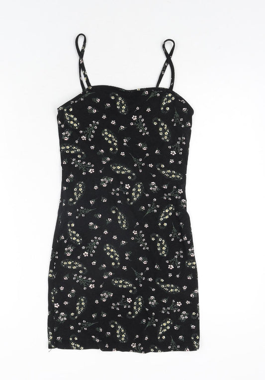 Additional front view of Miss Selfridge women’s black floral polyester mini, size UK 8, square neck pullover