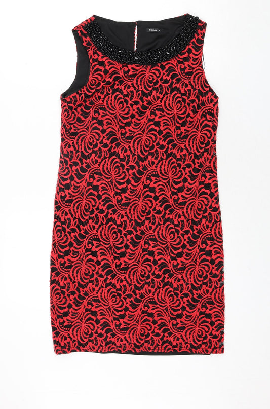Additional front view of Roman women’s red geometric polyamide shift, size UK 10, round neck button