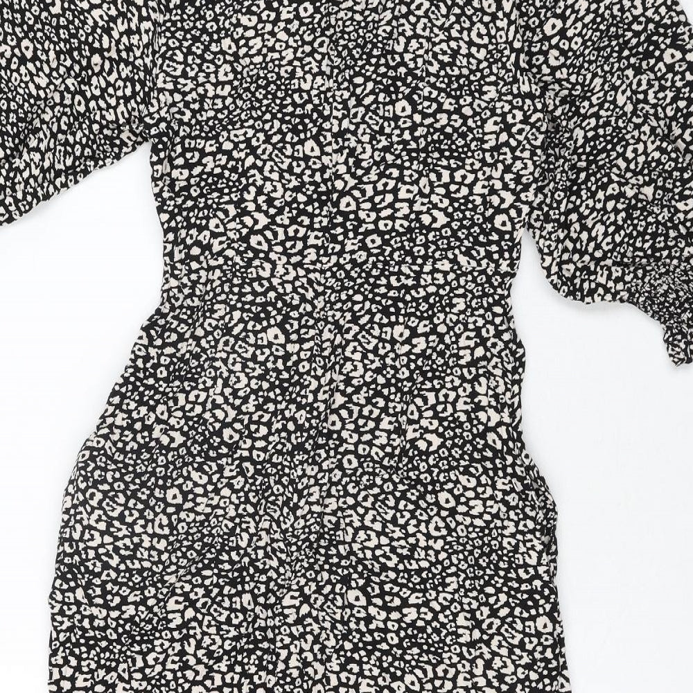John Lewis Womens Black Animal Print Viscose Shift Size 10 Round Neck Zip - Leopard Print