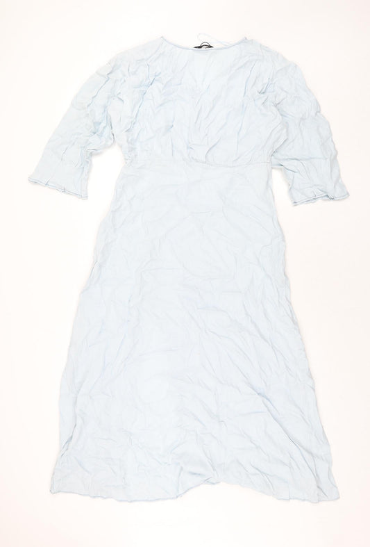 Zara Womens Blue Polyester Maxi Size L V-Neck Pullover - Front Slit