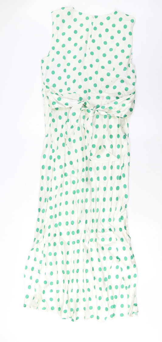 Marks and Spencer Womens Green Polka Dot Viscose A-Line Size 10 Boat Neck Zip - Belted