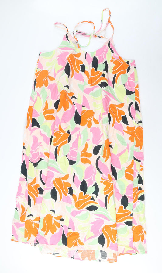 Marks and Spencer Womens Multicoloured Geometric Linen A-Line Size 14 V-Neck Pullover - Pleated