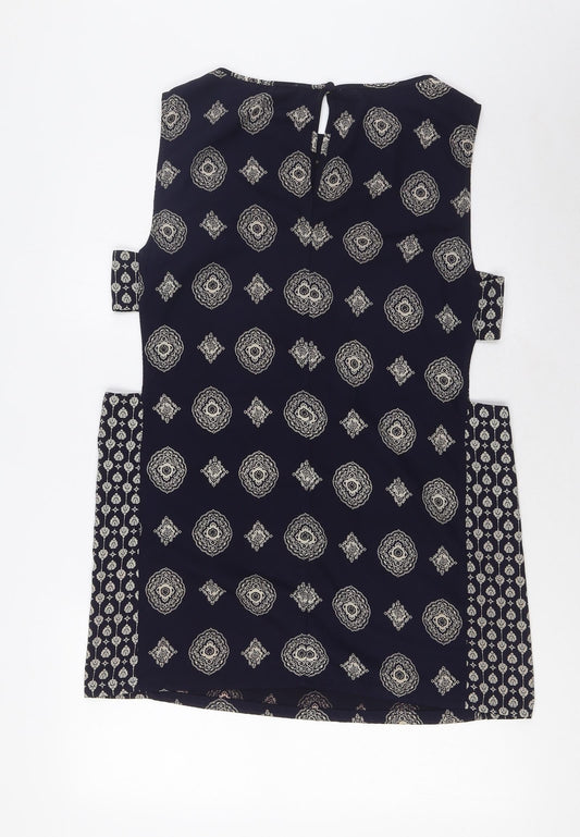 ASOS Womens Blue Geometric Polyester A-Line Size 12 Boat Neck Button - Open Sides