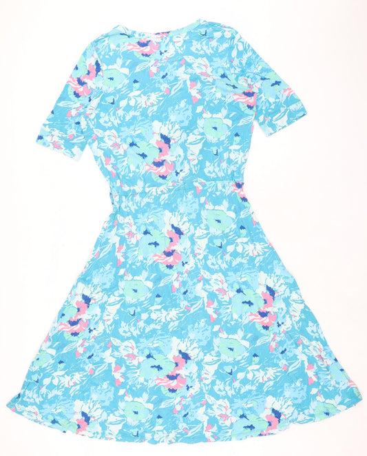 Patra Womens Blue Floral Viscose Fit & Flare Size M Sweetheart - Pull Cord Waist