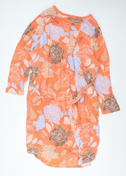 Autograph Womens Orange Floral Silk A-Line Size 24 V-Neck Pullover - Pockets