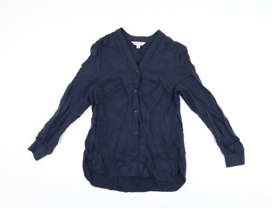Additional front view of Autograph women’s blue cupro basic button-up, size UK 6, v-neck