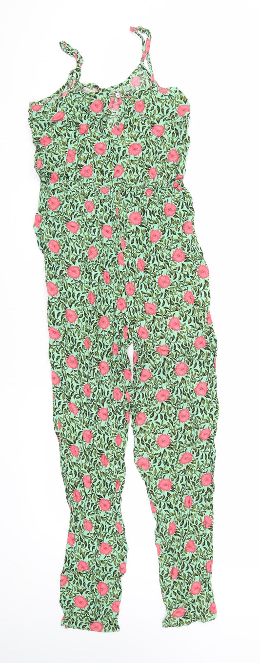 FOREVER 21 Womens Green Floral Viscose Jumpsuit One-Piece Size XS L25 in Button
