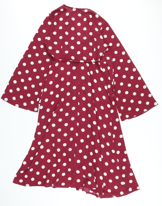 New Look Womens Purple Polka Dot Polyester Wrap Dress Size 8 V-Neck Tie