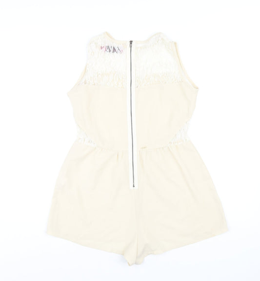 Boohoo Womens Beige Polyester Playsuit One-Piece Size 8 Zip - Lace Detail