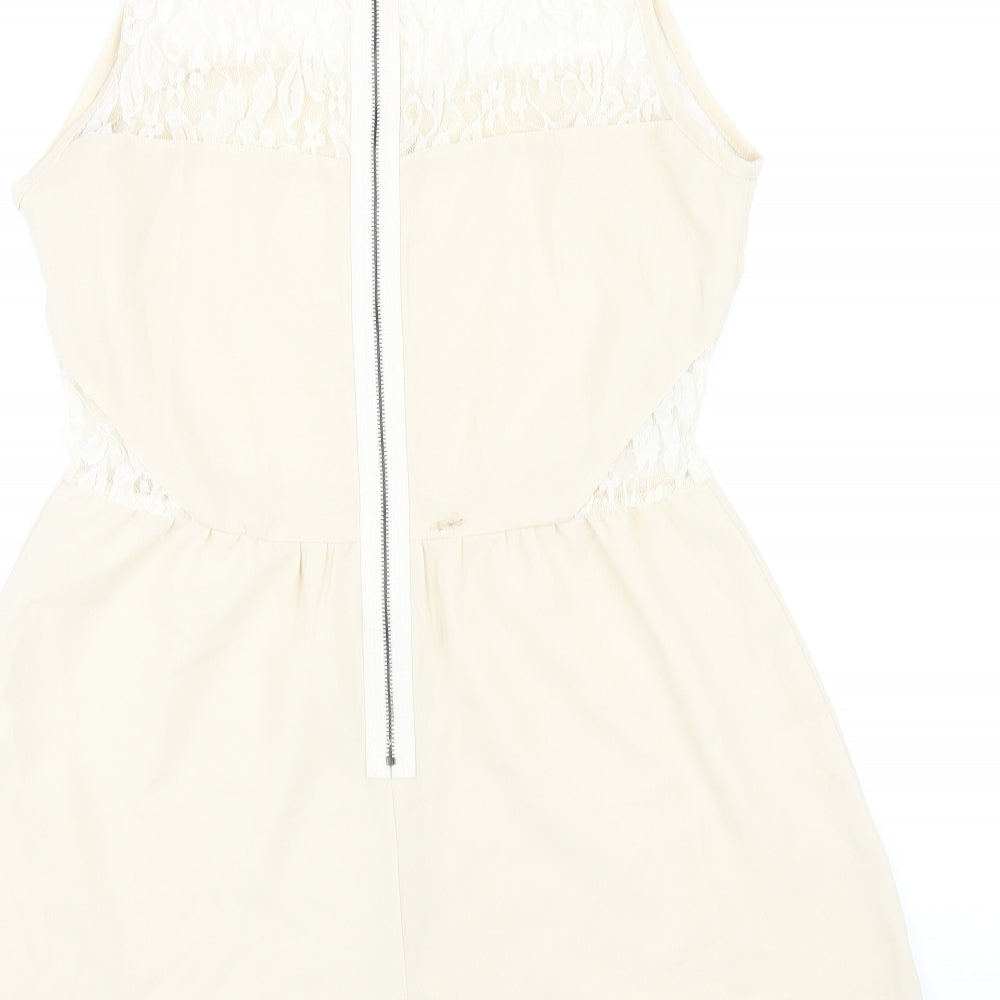Boohoo Womens Beige Polyester Playsuit One-Piece Size 8 Zip - Lace Detail