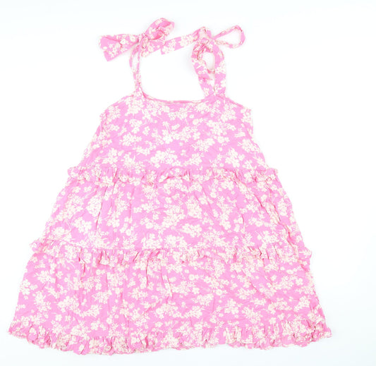 New Look Womens Pink Floral Viscose A-Line Size 10 Square Neck Pullover