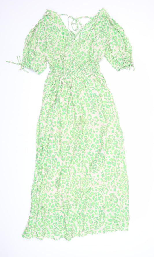 Marks and Spencer Womens Green Animal Print Viscose A-Line Size 6 V-Neck Pullover - Leopard Pattern