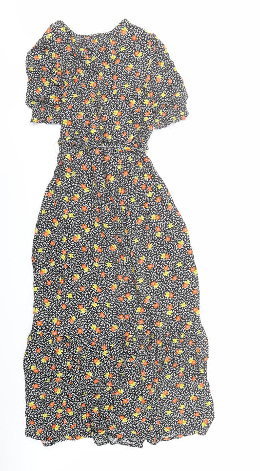 Marks and Spencer Womens Black Floral Viscose A-Line Size 8 Round Neck Button - be