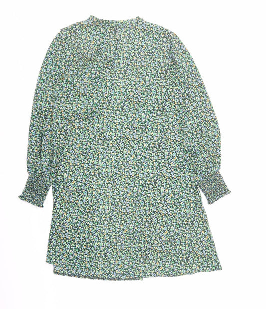 New Look Womens Green Floral Polyester A-Line Size 12 Mock Neck Button