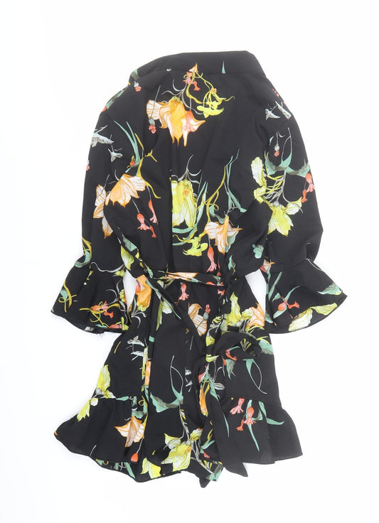 Boohoo Womens Black Floral Polyester Playsuit One-Piece Size 6 Pullover - Belted