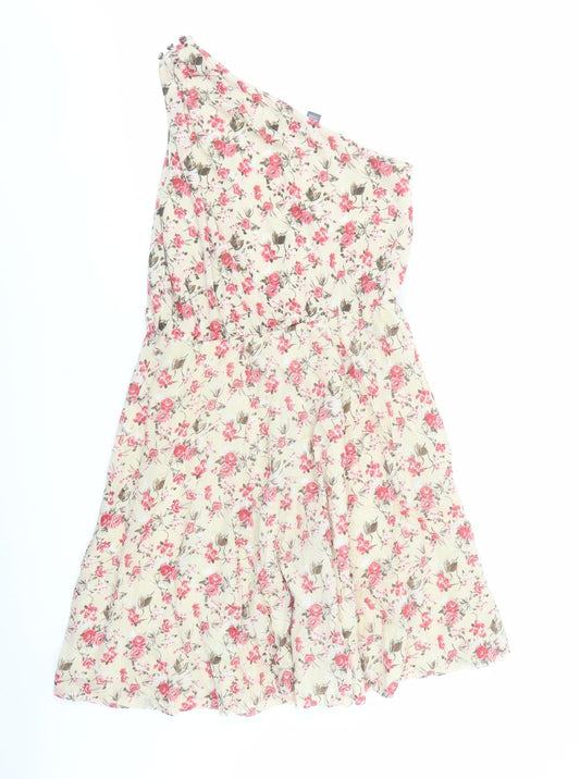 Mango Womens Beige Floral Polyester Fit & Flare Size L One Shoulder Pullover