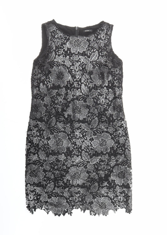 Additional front view of Roman women’s black floral polyester a-line, size UK 12, round neck zip
